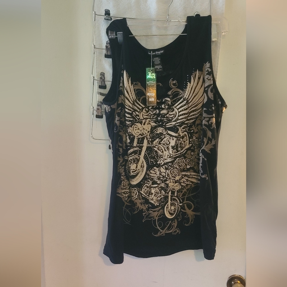 NWT Los Angeles Bus Stop Graphic Motorcycle Wing Tank Top - Black & Gold 3x